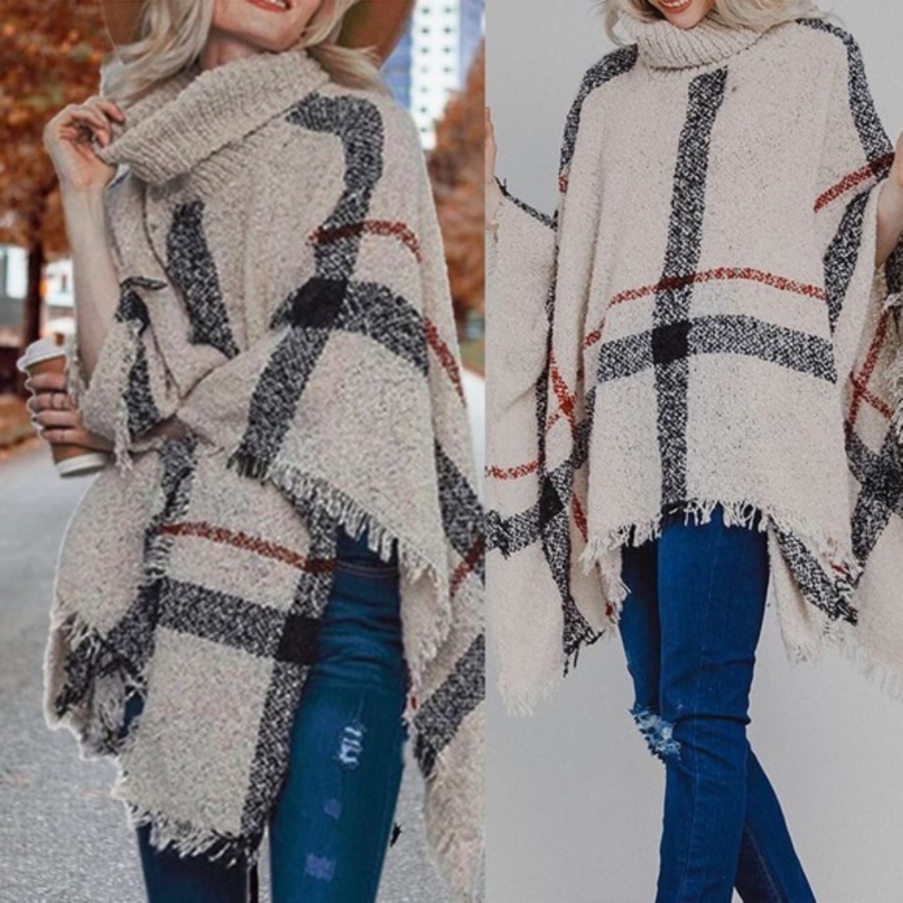 💥💥CLEARANCE MARKDOWN-LAST ONE ☝️ PLAID FRAYED HEM PONCHO-IVORY - Picture 2 of 5